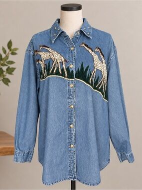 Women’s Denim Giraffe Shirt Button Up Jean Long Sleeve Y2K Sara Studio Sz Xl